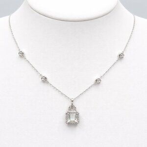 Sterling Silver Pave Cluster Necklace with Clear Square & Circle Diamonds
